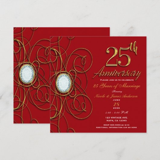 Invitation Rouge & Or Élégant Diamant 25 25e Anniversaire (Devant / Derrière)