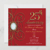 Invitation Rouge & Or Élégant Diamant 25 25e Anniversaire (Devant)