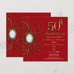 Invitation Rouge & Or Élégant Diamant 50 50e Anniversaire