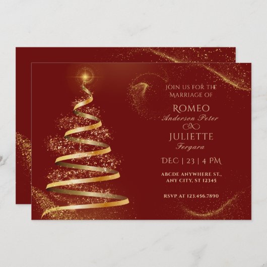 Invitation Rouge or élégant mariage de Noël (Devant / Derrière)