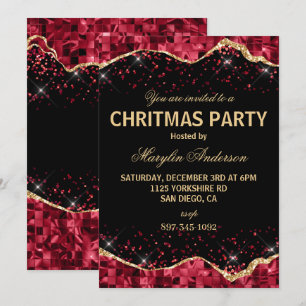 INVITATION ROUGE & OR NOËL MOSAÏQUE LARMES MONOGRAMME PERSONN