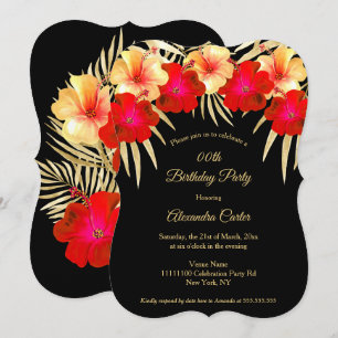 Invitation Rouge Or Noir Palmiers Hibiscus Fleur d'anniversai