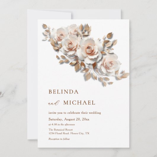 Invitation Rouge Or Rose 3D Fleurs Simple (Devant)