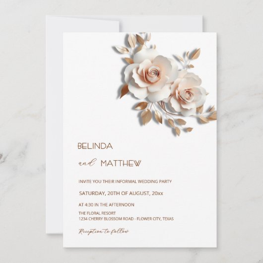 Invitation Rouge Or Rose 3D Fleurs Simple (Devant)