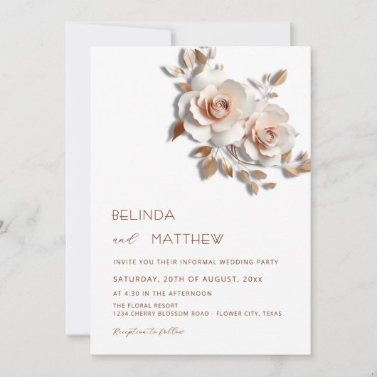 Invitation Rouge Or Rose 3D Fleurs Simple (Devant)