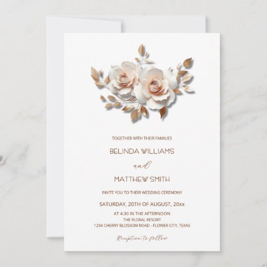 Invitation Rouge Or Rose 3D Fleurs Simple (Devant)