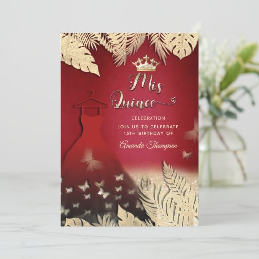 Invitation Rouge or tropical feuille parties scintillant papi (Debout devant)