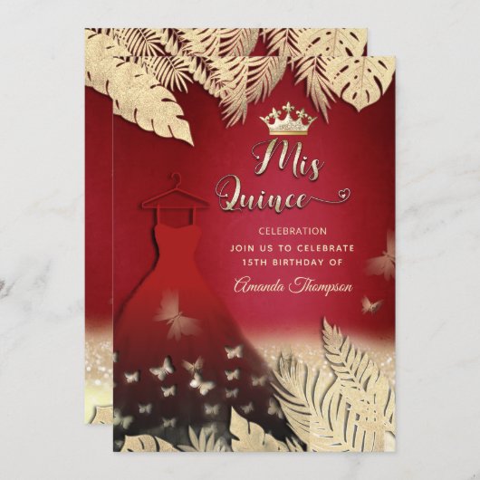 Invitation Rouge or tropical feuille parties scintillant papi (Devant / Derrière)