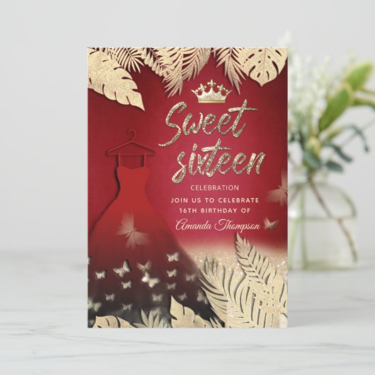 Invitation Rouge or tropical feuille parties scintillant papi (Debout devant)