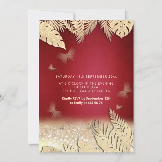 Invitation Rouge or tropical feuille parties scintillant papi (Dos)