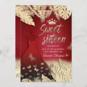 Invitation Rouge or tropical feuille parties scintillant papi (Devant / Derrière)