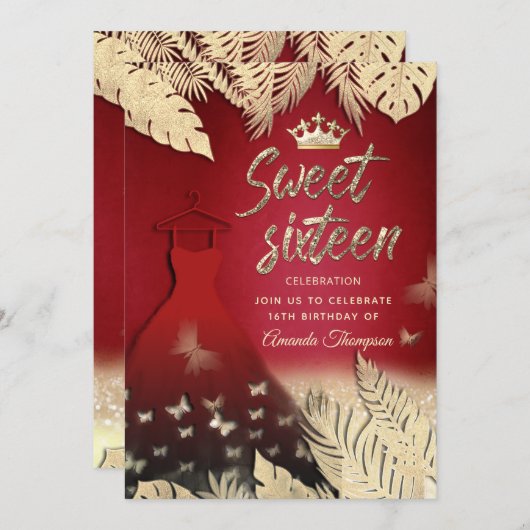 Invitation Rouge or tropical feuille parties scintillant papi (Devant / Derrière)