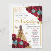 Invitation Rouge or Turquoise Floral Quinceanera Anniversaire (Devant)