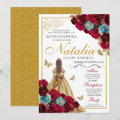Invitation Rouge or Turquoise Floral Quinceanera Anniversaire (Devant / Derrière)