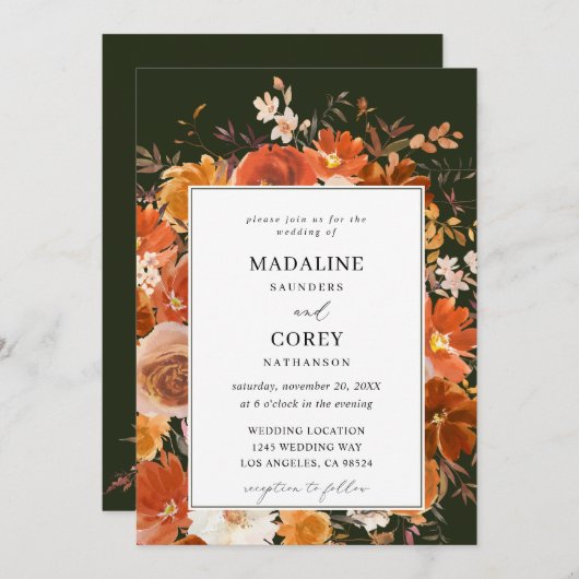 Invitation Rouge & Orange Fleurs d'automne Mariage B - Vert (Devant / Derrière)
