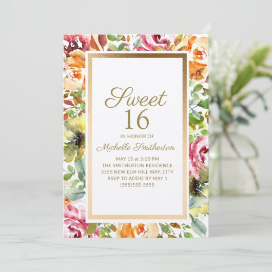 Invitation Rouge Orange Floral Vert Feuille Gold Sweet 16 (Debout devant)