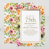 Invitation Rouge Orange Floral Vert Feuille Or 75e anniversai (Devant / Derrière)