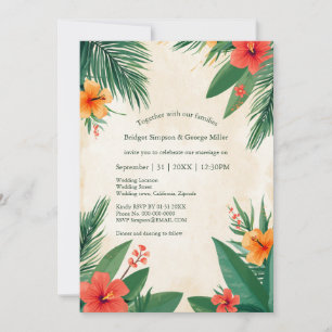 Invitation Rouge Orange Hawaï Hibiscus Mariage Tropical