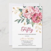 Invitation Rouge Peony rose Feuille d'or Rustique Floral Anni (Devant)