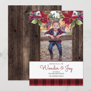 Invitation Rouge plaid de buffle Bois rustique Poinsettia Noë