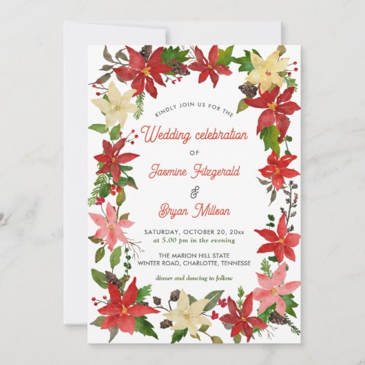 Invitation Rouge Poinsettia Berry Noël | MARIAGE (Devant)