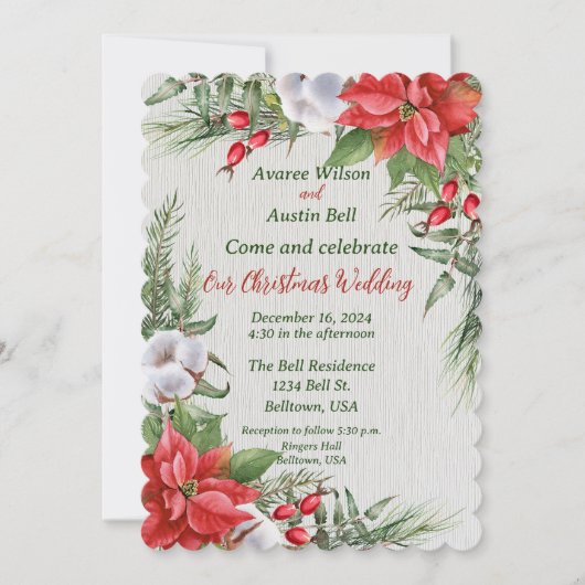 Invitation Rouge Poinsettia Feuilles verts Mariage de Noël (Devant)