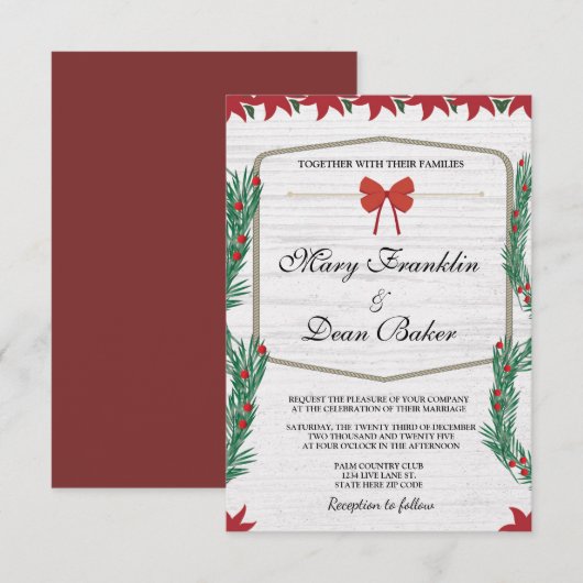Invitation Rouge Poinsettia Floral Noël Aquarelle Mariage (Devant / Derrière)