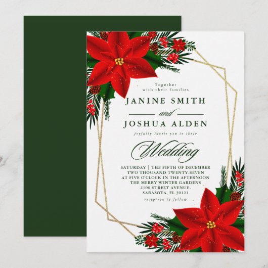 Invitation Rouge Poinsettia Pine vert Mariage de Noël (Devant / Derrière)