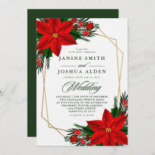 Invitation Rouge Poinsettia Pine vert Mariage de Noël