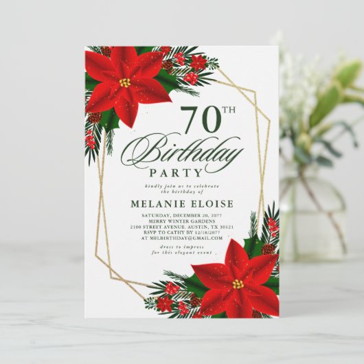 Invitation Rouge Poinsettia verdure Noël Anniversaire (Debout devant)