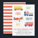 Invitation rouge pour la fête d'anniversaire de Be<br><div class="desc">Une invitation pour la fête d'anniversaire d'un enfant avec un train,  un camion de pompiers,  un avion et un bus scolaire.</div>