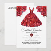 Invitation Rouge Quinceañera laine élégante fleur rose 15e (Devant / Derrière)
