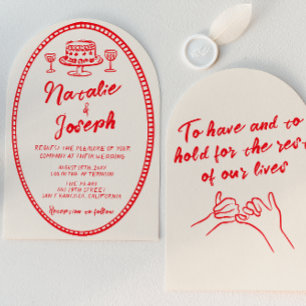 Invitation Rouge Rétro Dessiné à la Main Mariage Unique et Ex