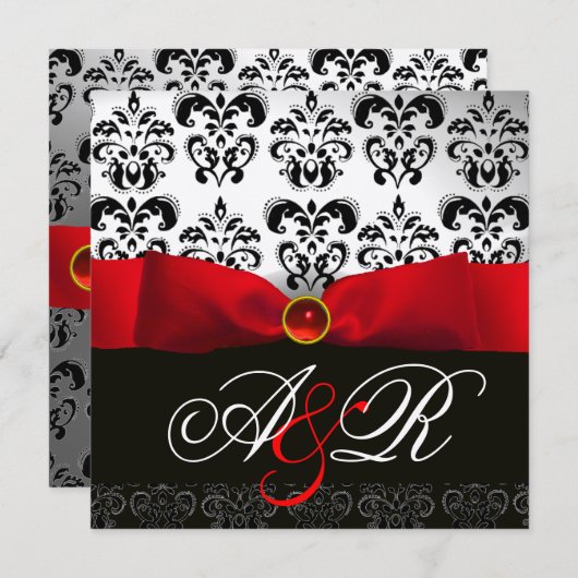 INVITATION ROUGE RIBBON RUBY BLANC BLACK DAMASK MONOGRAM (Devant / Derrière)