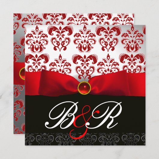 INVITATION ROUGE RIBBON RUBY BLANC BLACK DAMASK MONOGRAM (Devant / Derrière)