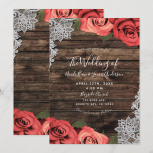 Invitation Rouge Romantique Fleurs Roses Bois Rustique Dentel