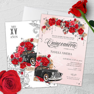 Invitation Rouge Rose classique voiture Chola Chicano Quincea