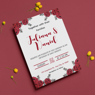 Invitation Rouge Rose Floral thème Mariage