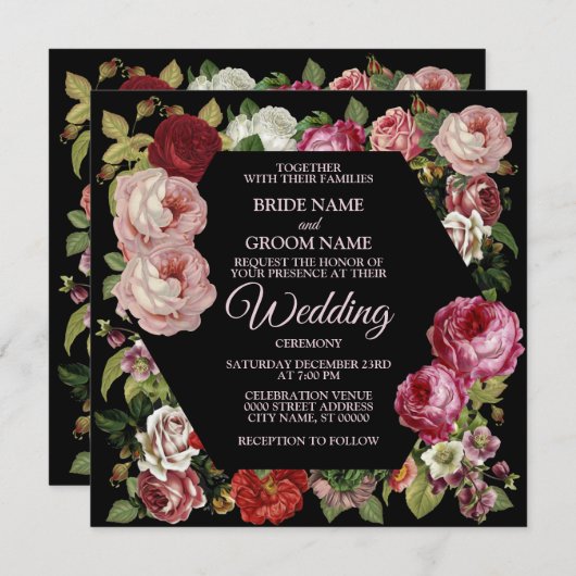 Invitation Rouge rose floral vert Mariage noir rustique (Devant / Derrière)
