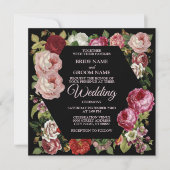Invitation Rouge rose floral vert Mariage noir rustique (Devant)