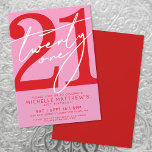 Invitation Rouge rose moderne 21e anniversaire<br><div class="desc">Invitation à la fête d'anniversaire de Pink 21st. Célébrez votre vingt et un ans de style grâce à ce design audacieux et vibrant. L'arrière - plan est tout rose, avec "vingt et un" écrit en haut dans un script blanc fluide, couplé avec le reste des détails de la fête dans...</div>