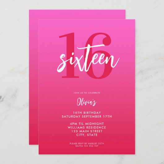 Invitation Rouge rose moderne Elégant 16e anniversaire (Devant / Derrière)