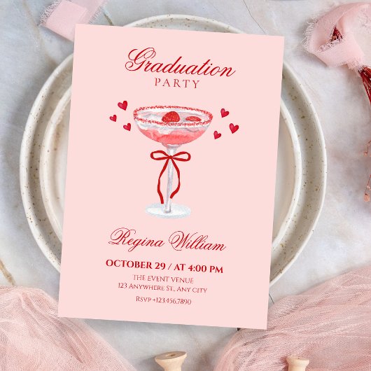 Invitation Rouge rose noeud mignon cocktail de remise de dipl