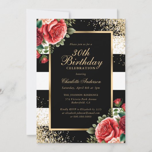 Invitation Rouge Rose Noir Confetti Floral 30e Anniversaire (Devant)