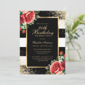 Invitation Rouge Rose Noir Confetti Floral 30e Anniversaire (Debout devant)