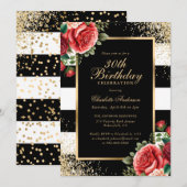 Invitation Rouge Rose Noir Confetti Floral 30e Anniversaire (Devant / Derrière)