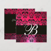 Invitation ROUGE ROSE NOIR DAMASQUE MONOGRAMME fuchsia blanc (Devant / Derrière)