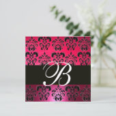 Invitation ROUGE ROSE NOIR DAMASQUE MONOGRAMME fuchsia blanc (Debout devant)