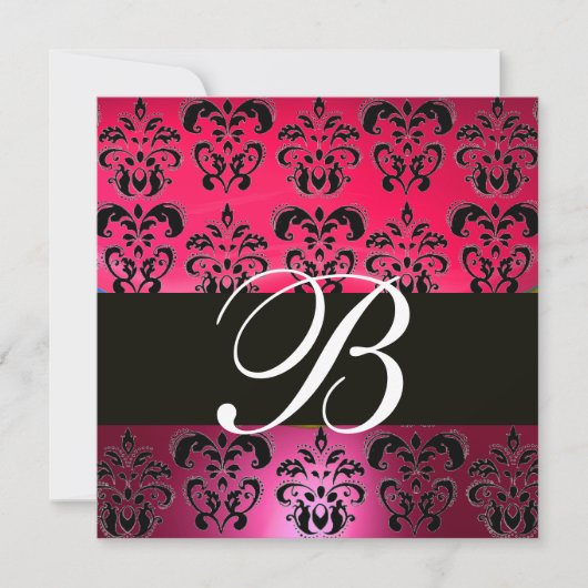 Invitation ROUGE ROSE NOIR DAMASQUE MONOGRAMME fuchsia blanc (Devant)
