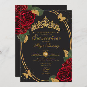 Invitation Rouge Rose Noir Parties scintillant d'or papillon 